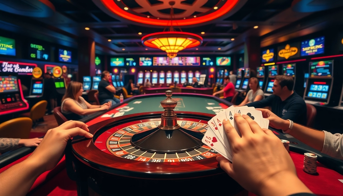 Experience the thrill of c168 com in a vibrant casino atmosphere with players, roulette, and poker chips.