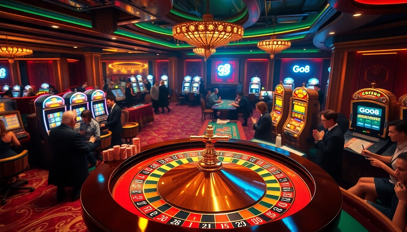 "Experience high-stakes thrills at Go8 casino with elegant players, vibrant roulette wheel, and colorful poker chips."