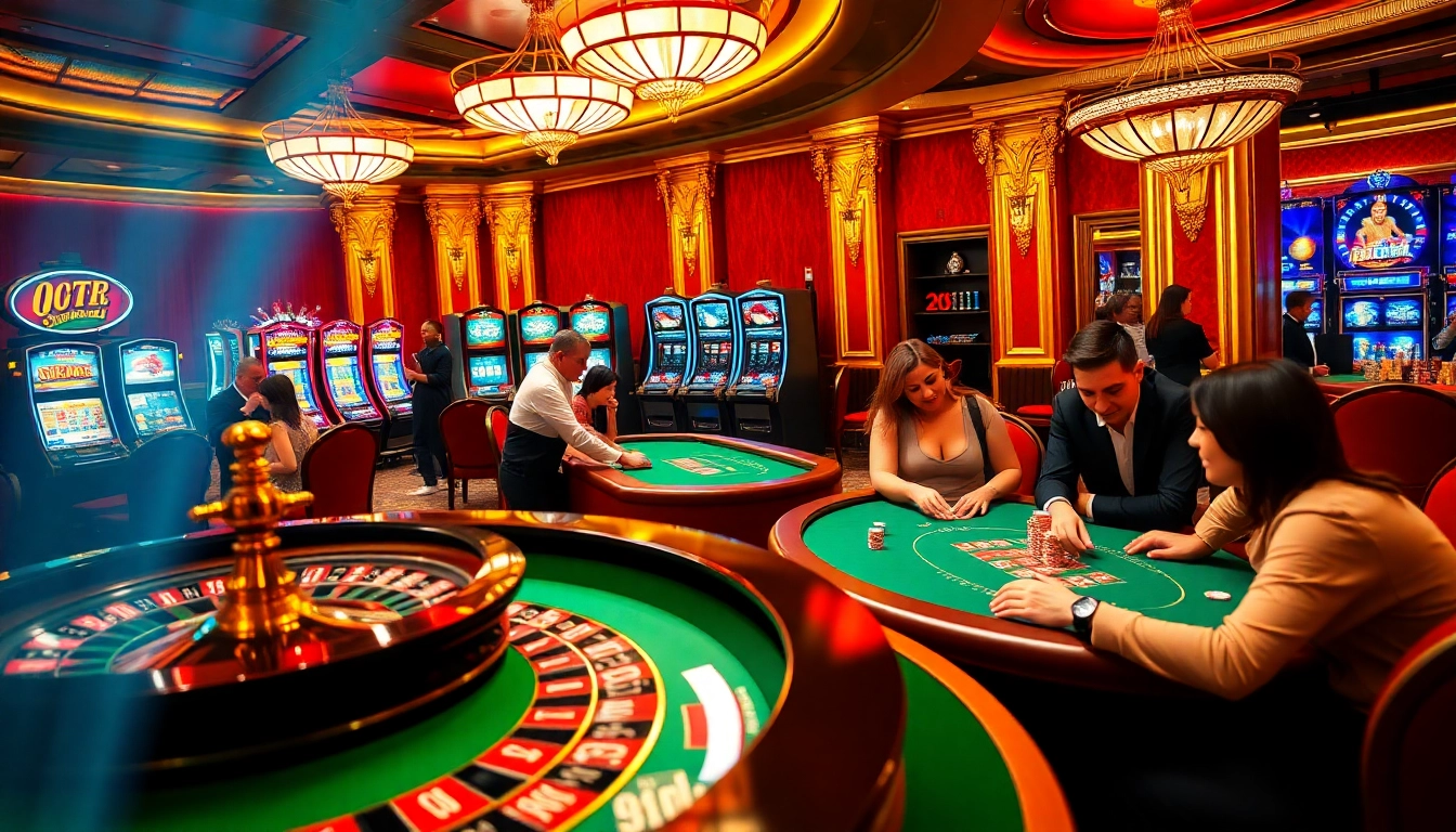 Players enjoying intense roulette action at new888, set in a luxurious casino environment with vibrant slot machines.
