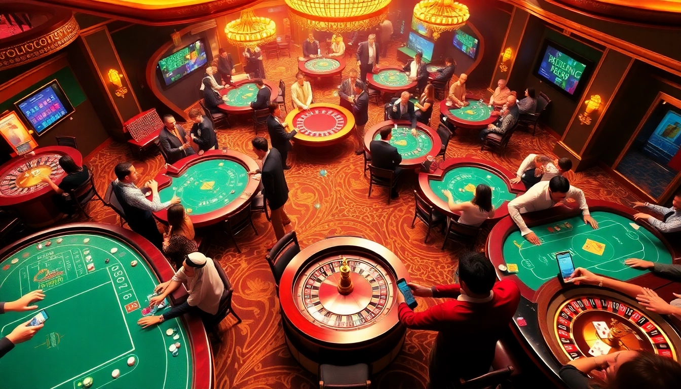 Exciting casino scene showcasing players at tables and online gambling, emphasizing https://okwin.ae.org/ for thrilling gaming experiences.