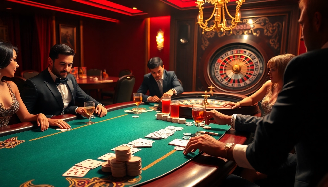 UU88 offers an exhilarating poker experience with players surrounded by chips and cards in a luxurious casino.