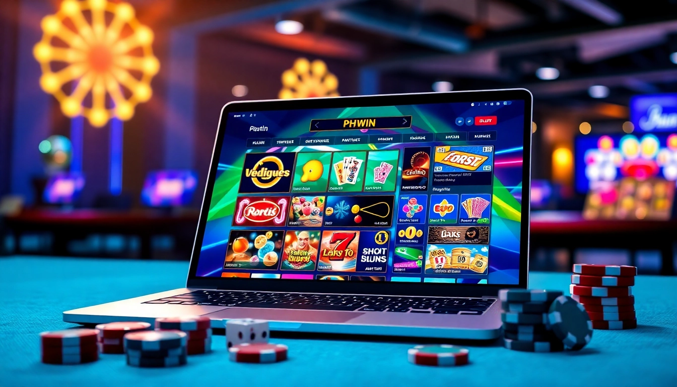 Exciting online gaming experience with PHWIN casino interface, featuring vibrant slot games and poker chips.