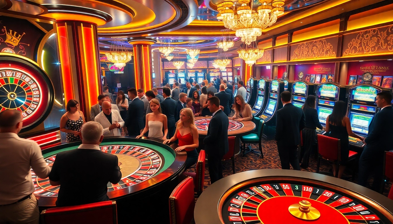 Experience the thrill of l444 casino games with players at vibrant tables and glowing slot machines.
