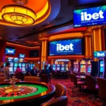 Experience the vibrant atmosphere of ibet as players engage in thrilling casino games surrounded by colorful slot machines and a lively poker table.