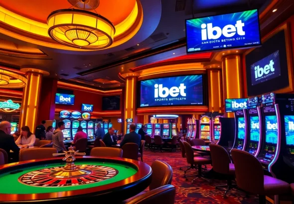 Experience the vibrant atmosphere of ibet as players engage in thrilling casino games surrounded by colorful slot machines and a lively poker table.