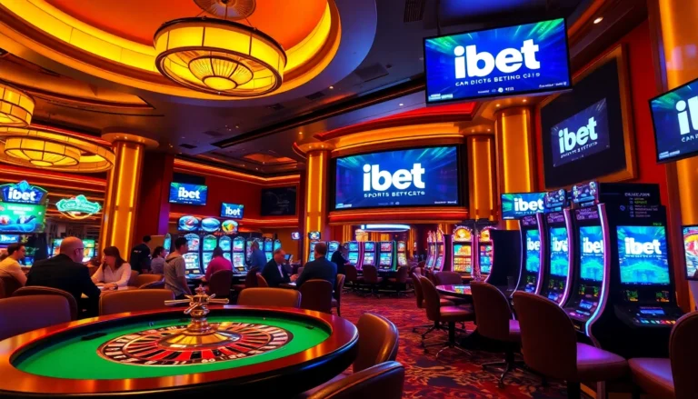 Experience the vibrant atmosphere of ibet as players engage in thrilling casino games surrounded by colorful slot machines and a lively poker table.