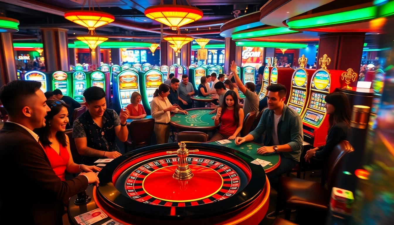 Players at a casino cheer as they engage in various games, with 1gom prominently displayed on betting slips.
