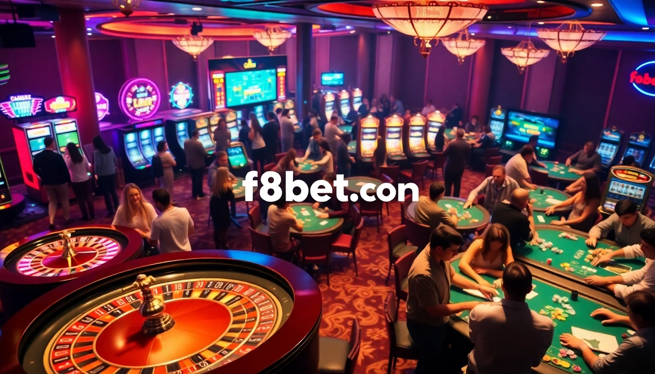 Exciting casino scene featuring f8bet.com betting activities at roulette and poker tables.