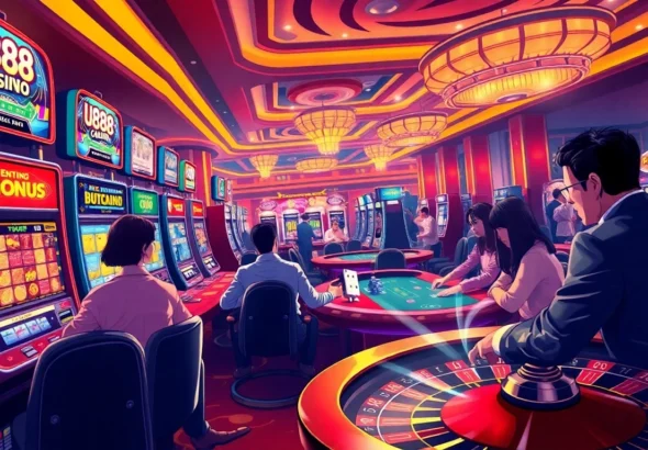 Experience the thrill of U888's online casino with spinning roulette wheels and vibrant slot machines.