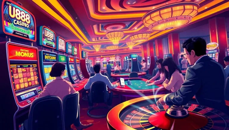 Experience the thrill of U888's online casino with spinning roulette wheels and vibrant slot machines.