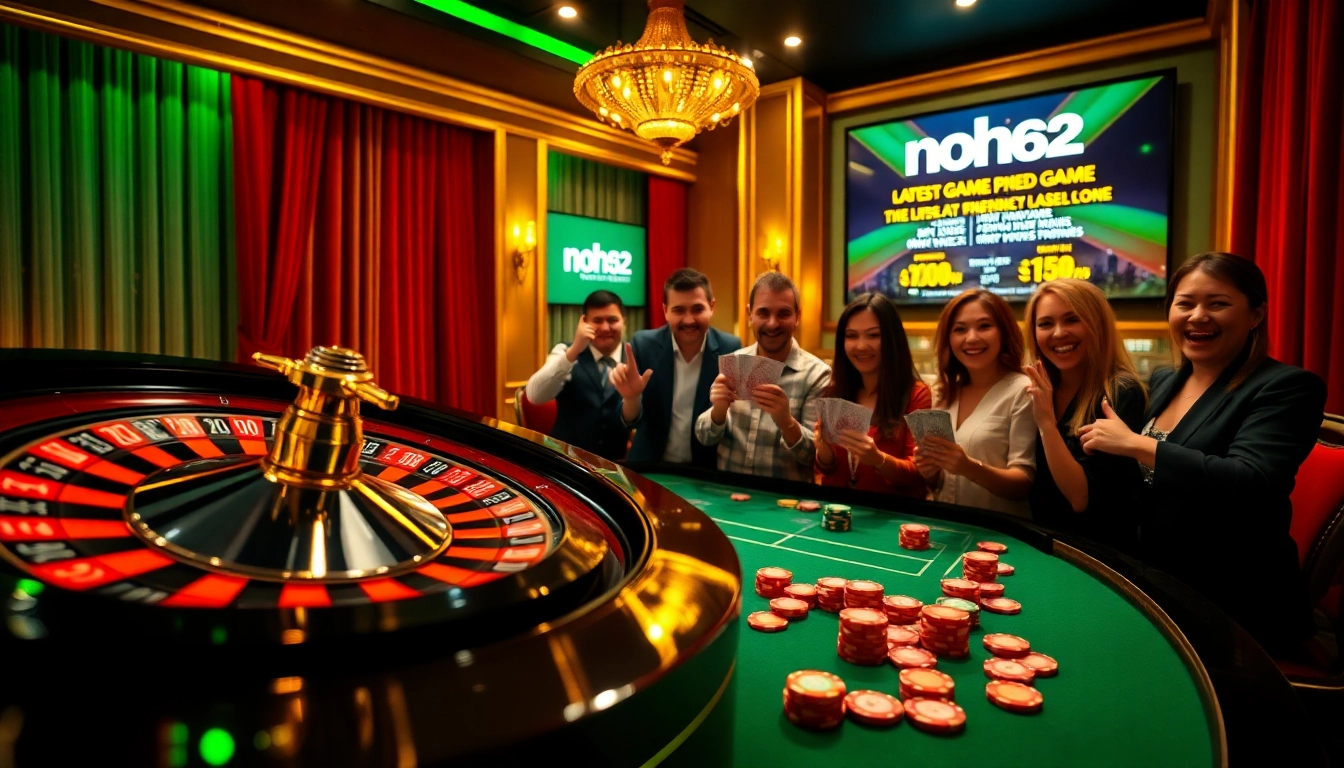 Experience the thrill of winning at nohu52's casino, featuring vibrant roulette, poker chips, and excited players.