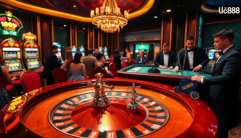 Experience the excitement of lc88 as players engage at a vibrant casino with roulette and poker tables.