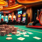 Experience the thrill of new88 as players strategize over cards and chips in a vibrant, luxurious casino setting.