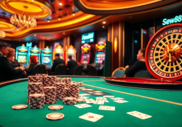 Experience the thrill of new88 as players strategize over cards and chips in a vibrant, luxurious casino setting.