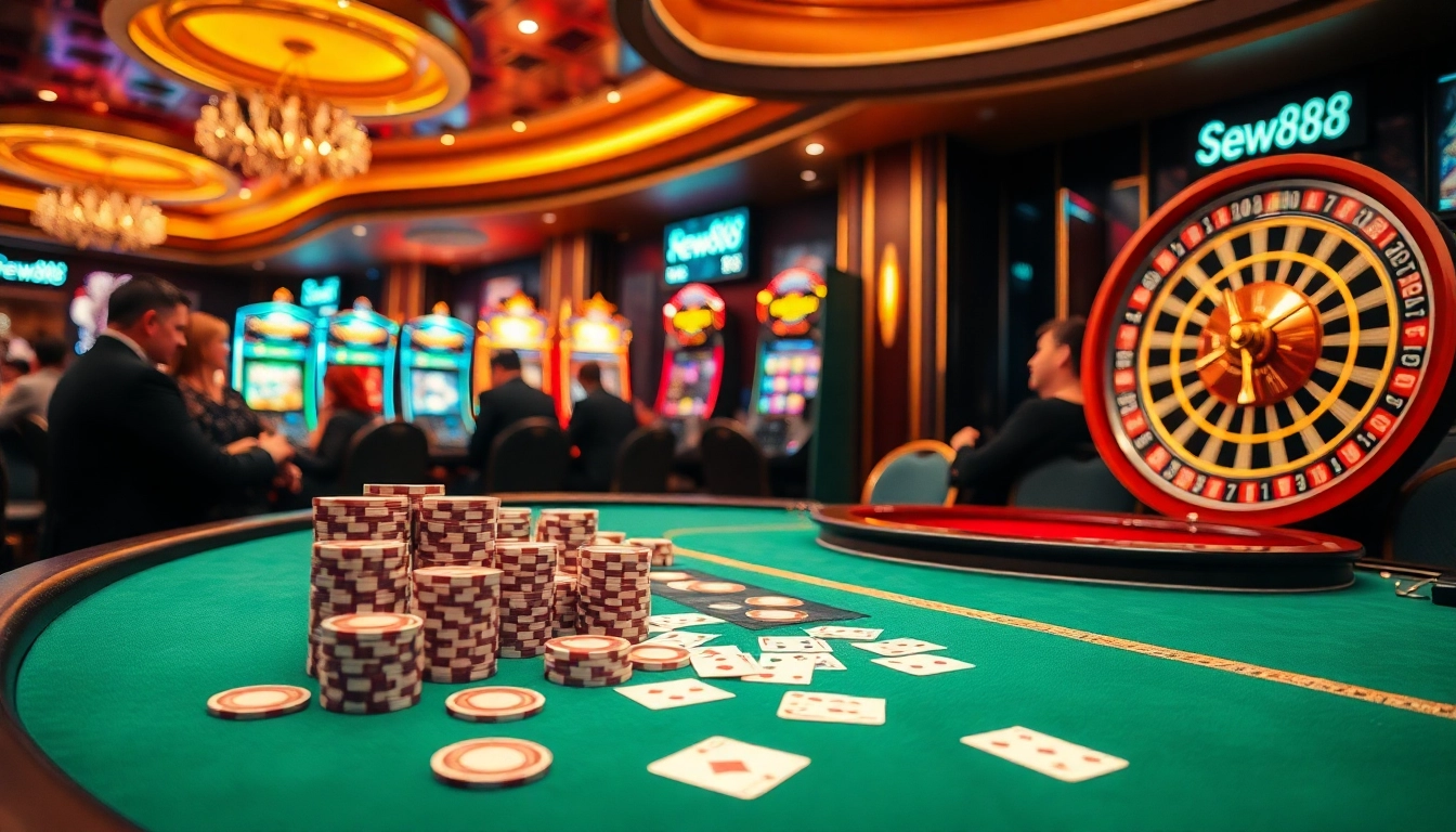 Experience the thrill of new88 as players strategize over cards and chips in a vibrant, luxurious casino setting.