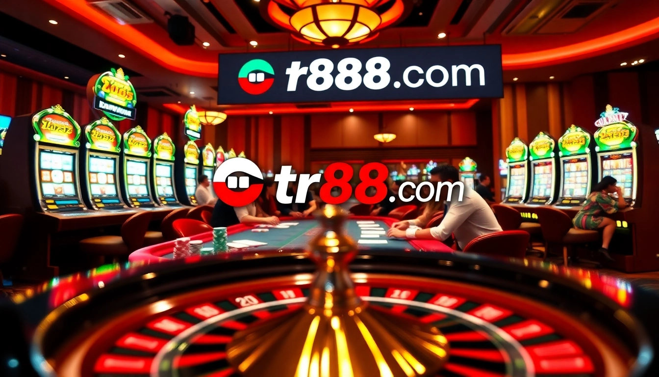 Experience thrills with tr88.com in this vivid casino scene featuring poker and roulette excitement.