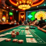 "Experience the thrill of lô đề bạc nhớ gambling with lively players at a casino table filled with chips and betting slips."