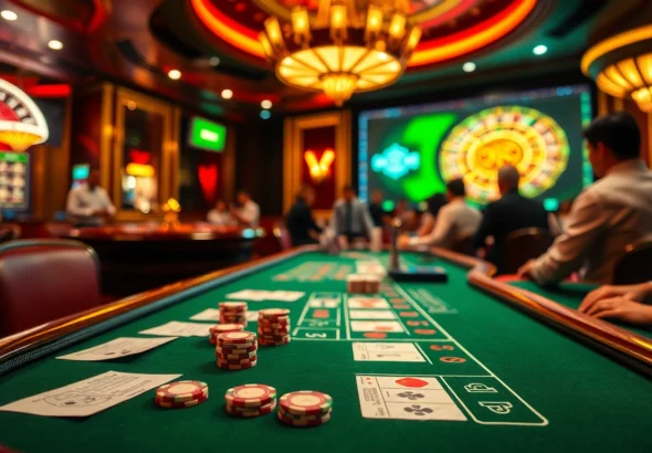 "Experience the thrill of lô đề bạc nhớ gambling with lively players at a casino table filled with chips and betting slips."