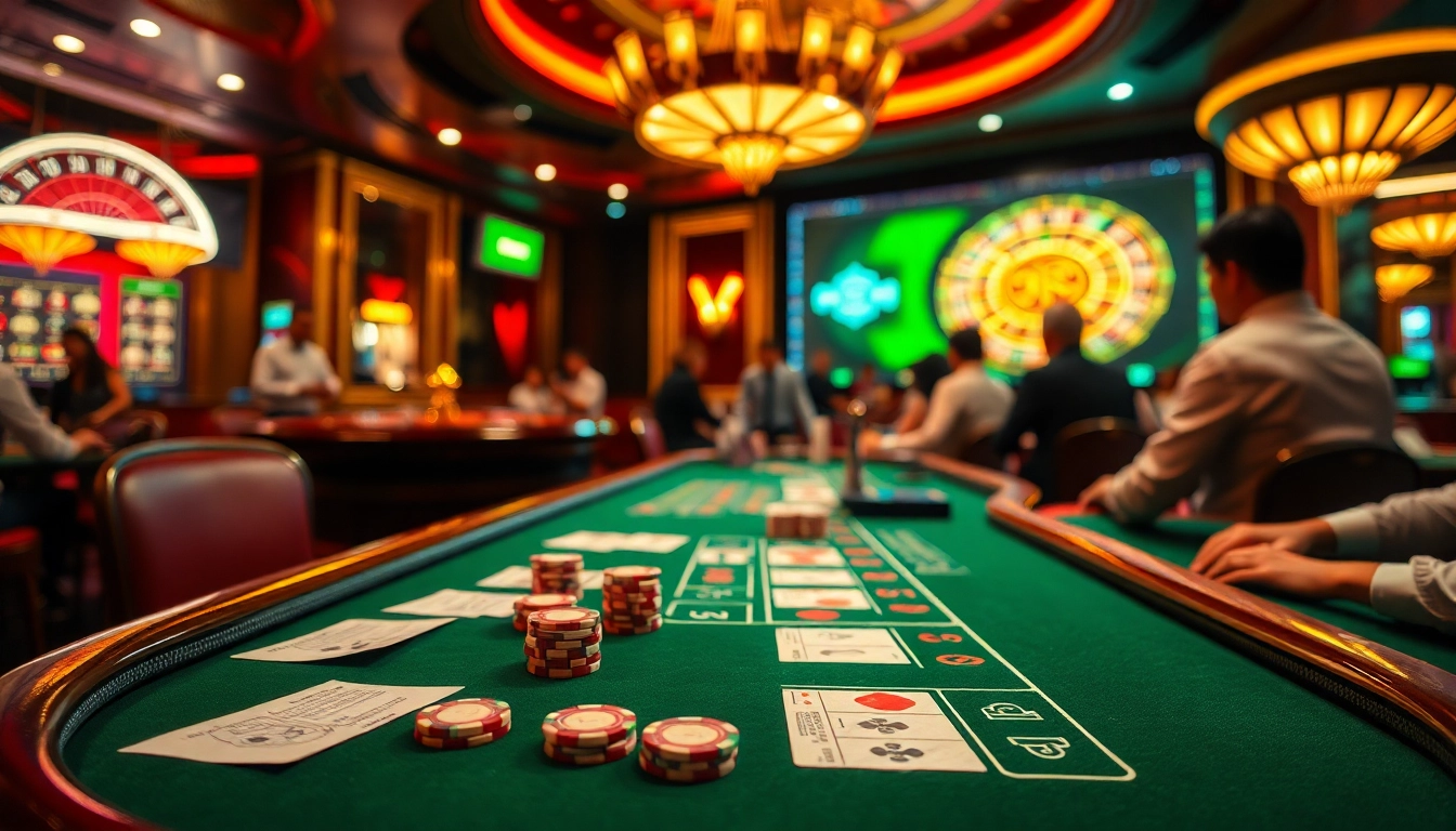 "Experience the thrill of lô đề bạc nhớ gambling with lively players at a casino table filled with chips and betting slips."