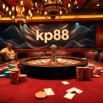 kp88 poker chips gleaming on an upscale casino table during an intense game.