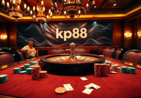 kp88 poker chips gleaming on an upscale casino table during an intense game.