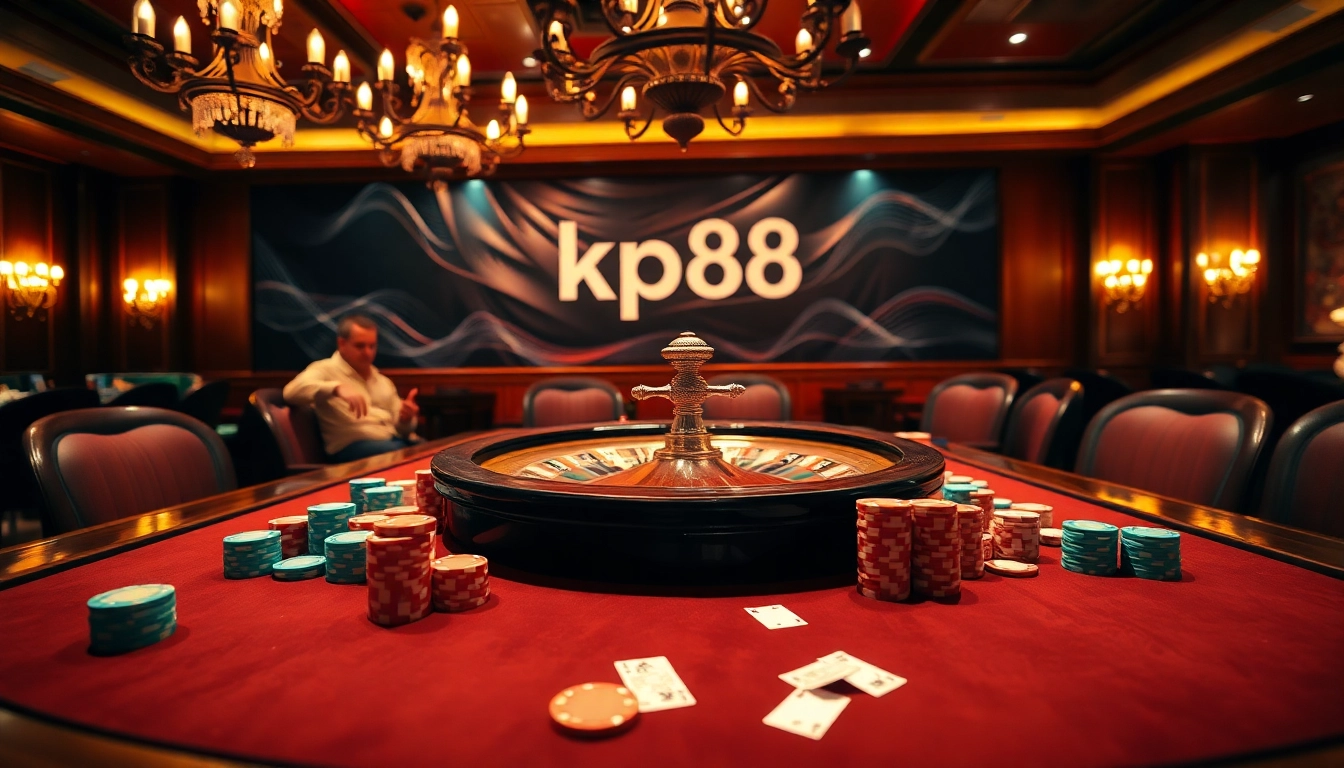 kp88 poker chips gleaming on an upscale casino table during an intense game.