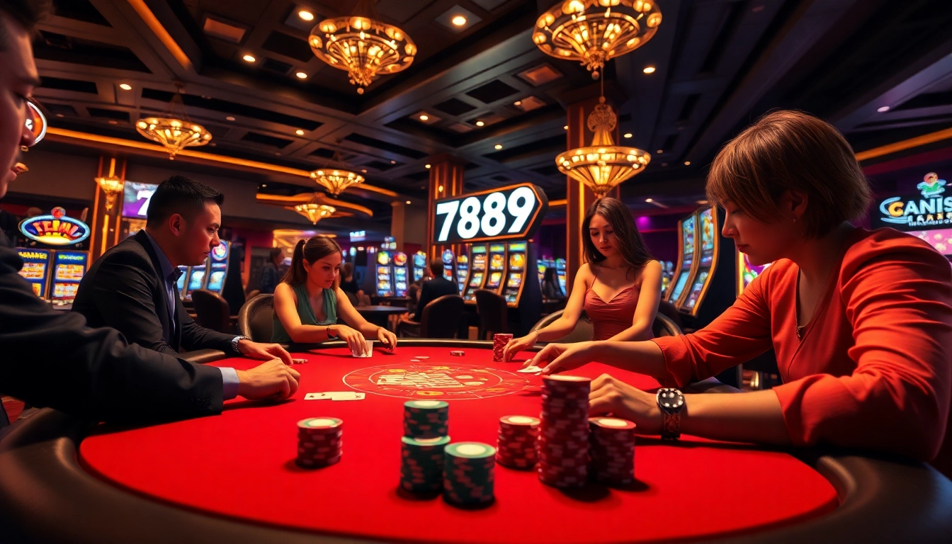Immersed in action, players đăng nhập 789win at a poker table in a glamorous casino setting.
